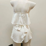 Fongt Ice Silk Pure Wind-Like Belly Pocket Shorts Women's Summer Sexy Deep V Lace Pajamas Set Homewear