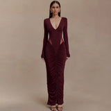 Fongt 2025 New Solid Color Long-Sleeved Deep V-Neck Sexy Folded Empty Bag Dress Dress Woman