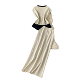 Fongt Sense Of The Color Short Sleeve Knitted Cardigan Top + High Waist Long Skirt Summer Wearing Two Sets