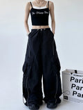 Fongt New Tight High Waist Design Sense Niche Black Cargo Pants Female Loose Casual Fashion Draw Rope Wide Leg Pants-Outfit