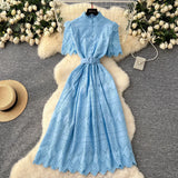 Fongt Lady Dress 2025 Summer Waists Slim Collar Short-Sleeved Hollow Hook Embroidery Single Row Buckle Dress