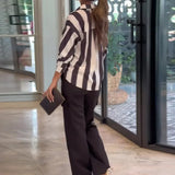 Fongt 2024 New Fashion Striped Print Shirt High-Waisted Straight Pants Two Sets For Women-Outfit