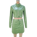 Fongt Women's Fall 2024 New Fashion Long Sleeve Crop Zipper Coat Wrap Hip Skirt PU Suit Female-Outfit