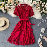 Fongt Retro Famous Style Temperament Dress Heart Lace Short-Sleeved Dress Women's Summer Dress