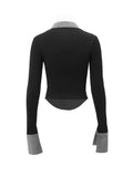 Stripe Splice Polo Neck Long Sleeve Blouse-Outfit