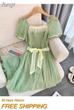 Summer Fairycore Backless Square Collar Bow Lace-up Green Long Dresses Women High Waist Chiffon Loose Evening