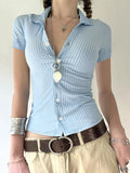 Fongt Commute Wind Fashion Stripe Buckle Bubble Sleeve Top Hottie Temperament Folding Braid Shirt