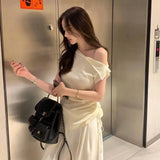 Fongt Chic Summer French Small Sexy Diagonal Collar Open Shoulder Side Draw Rope Tie Versatile Irregular Knit Woman-Outfit