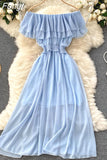 Women Casual Dress Double Layer Ruffled Off Shoulder Slash Neck Chiffon Dresses Woman Summer Midi Dress Vestidos