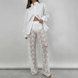 sexy all-match lace see-through high waist splicing long casual Y2K straight trousers elegant and luxurious women's clothing-Outfit