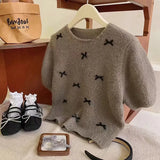 Fongt Chic Spring And Summer Little Bow Bow Short-Sleeved Collar Knitted Jersey Girl Spring Sweet Soft Foam Bubble Sleeve Top
