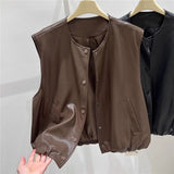Fongt Collar Solid Color Sleeveless Leather Vest Coat Women's Autumn 2025 New Korean Fashion Stacked On The Kan Shoulders