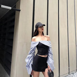 Fongt Women's Clothing 2025 Summer New Fashion Stripe Bumped A Word Shoulder-To-Shoulder Repair Slim Thin Long-Sleeved Top Lady