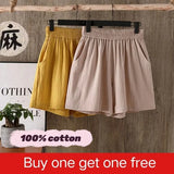 Women's Summer Shorts 100% Cotton High Waist Shorts Loose Casual Solid Shorts Pants Streetwear Elastic Waist Buy One Get