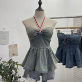 Real Shot With Chest Cushion Denim Sling Vest With Bow Hanging Neck Short Twiping Boat Blouse Woman