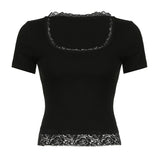 Wind Lace Splicing Small Design U-Shaped Collar Slim Plain Color Short-Sleeved T-Shirt 2024 New Style-Outfit