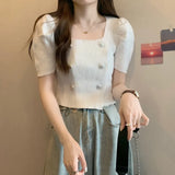 Fongt New French Gentle Style Design Double Buckle Bubble Sleeve T-Shirt Knitted Short