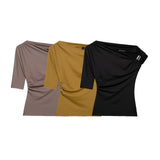 Fongt Set Asymmetric Coat 2025 Summer Folded Single-Sleeved Elastic Body Trim Women's T-Shirt Casual