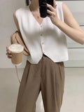 Fongt Korean Version Of Simple Solid Color Wear Knitted Vest Women 2023 New Retro Small V-Neck
