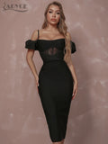 Off Shoulder Short Sleeve Bandage Dress Women Sexy Black Lace Elegant Bodycon Evening Club Celebrity Party Midi Lady