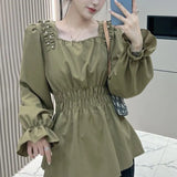 Shirring Beading Shirt Elegant Waist Square Collar Spring Autumn Women's Clothing Commute Basic Solid Color Folds Blouse-Outfit