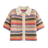 Fongt Women's 2025 New Crochet POLO Shirt Collar Striped Crochet Shorts Set