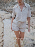 Fongt Women's Shirt Flip-Necked Shirt Shorts Casual Cotton Set