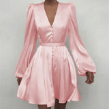 Women vintage lantern sleeve mini dress A-line pink blue khaki stain single breasted 2021 new fashion party