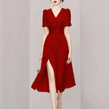 Ladies Korea Chic Summer Dress For Women Sexy V-Neck Puff Short Sleeve High Waist Split Mid Dresses Female