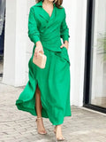 Women Dress Elegant Spring Summer Long Sleeve V Neck Party Dresses with Slit Pleated Beach A-LINE Maxi Dress for Women-Outfit