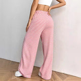 Fongt Autumn And Winter Women's New Casual Striped Solid Rubber Rope Cotton Straight Trousers