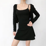 Trend Women's Wear Small And Fresh Slim Style Round Neck Fairy Halter Dress Long-Sleeved Cardigan Jacket Two-Piece Suit-Outfit