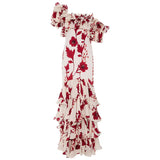 STREET New Summer 2022 Fashion Women's Elegant Cascading Ruffles Floral Print Slash Neck Beach Holiday Maxi Long
