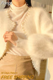 Lantern Sleeve Mink Cashmere Sweater Knitted Cardigan Korean Beads 2023 New Causal Knitwear Open