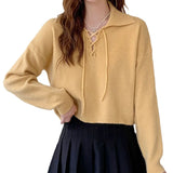 The New Korean Version Lace-Up Pullover In Spring 2024 Is Girly With Polo Collar And Simple Bottomed Sweater.-Outfit