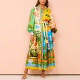 Fongt Women's Temperament Print Lantern Sleeve Belt Shirt Dress Dress Woman
