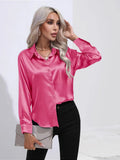 Satin Shirt Satin Imitation Silk Long-Sleeved Pure Color Elegant Button Front Lapel Shirt-Outfit