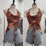 Fongt Shooting Holiday Wind Hanging Neck Collar Collar Tidling Strap Sling Vest Tie Mesh Yarn Short Sleeveless Top 9926