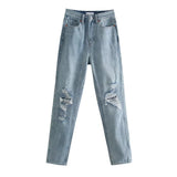 Women High Waist Loose Comfortable Jeans Fashionable Casual Knee Hole Pants Jeans Basic Black Ninth