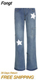 retro washed old five-pointed star printed dirty jeans with asymmetric stitching high waist straight tube y2k hem