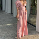 Fongt New Women's Short-Sleeved Stylish Elegant Large-Size Wide-Legged Jump-Legged Jumpsuit