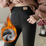 Cold-Resistant Leggings Women Fashion Casual Lamb Cashmere Leggins Mujer Pockets Plus Velvet Thickening