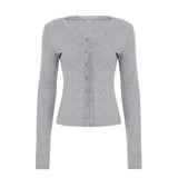 Fongt 2025 New Simple Solid Color Lace Splicing Casual Buckle Knitted Long-Sleeved T-Shirt Top