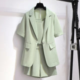 Ladies Elegant 3 Pieces Set Summer Short Sleeve Notched V Neck Blazer+chiffon Vest+shorts Sets For Women