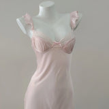 Fongt Sexy Pyjamas Women's Simulation Silk Summer Slings Long Dress Pure Wind Ice Silk Pajamas With Bra