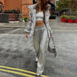 Fongt Trend Windproof Women's Pants New Fall 2023 Silver Elastic Waist Loose Straight Leg Show Thin Wide Leg Pants-Outfit