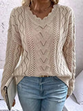 Fongt Women's Sweater Knitted Shirt Design Hollow V-Neck Long-Sleeved Hooded Top