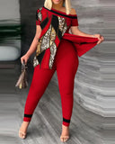Women's Wear Summer New Fashionable Leisure Forked Oblique Collar Printing Suit-Outfit