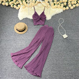 Fongt Suit Female Feel V-Neck Kink Sling Vest Two-Piece High Waist Slim Pleated Wide Leg Trousers-Outfit