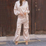 Fongt 2023 New Pure Color Silk Light Round Collar Long Sleeve Top Fashion Cargo Pants Suit-Outfit